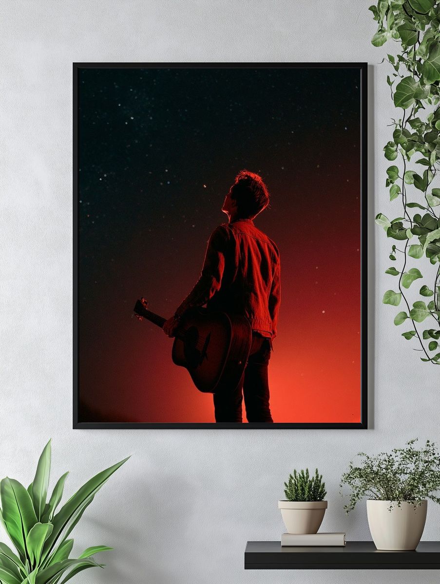 Guitarist Under Red Sky Photography Poster. — room view 4