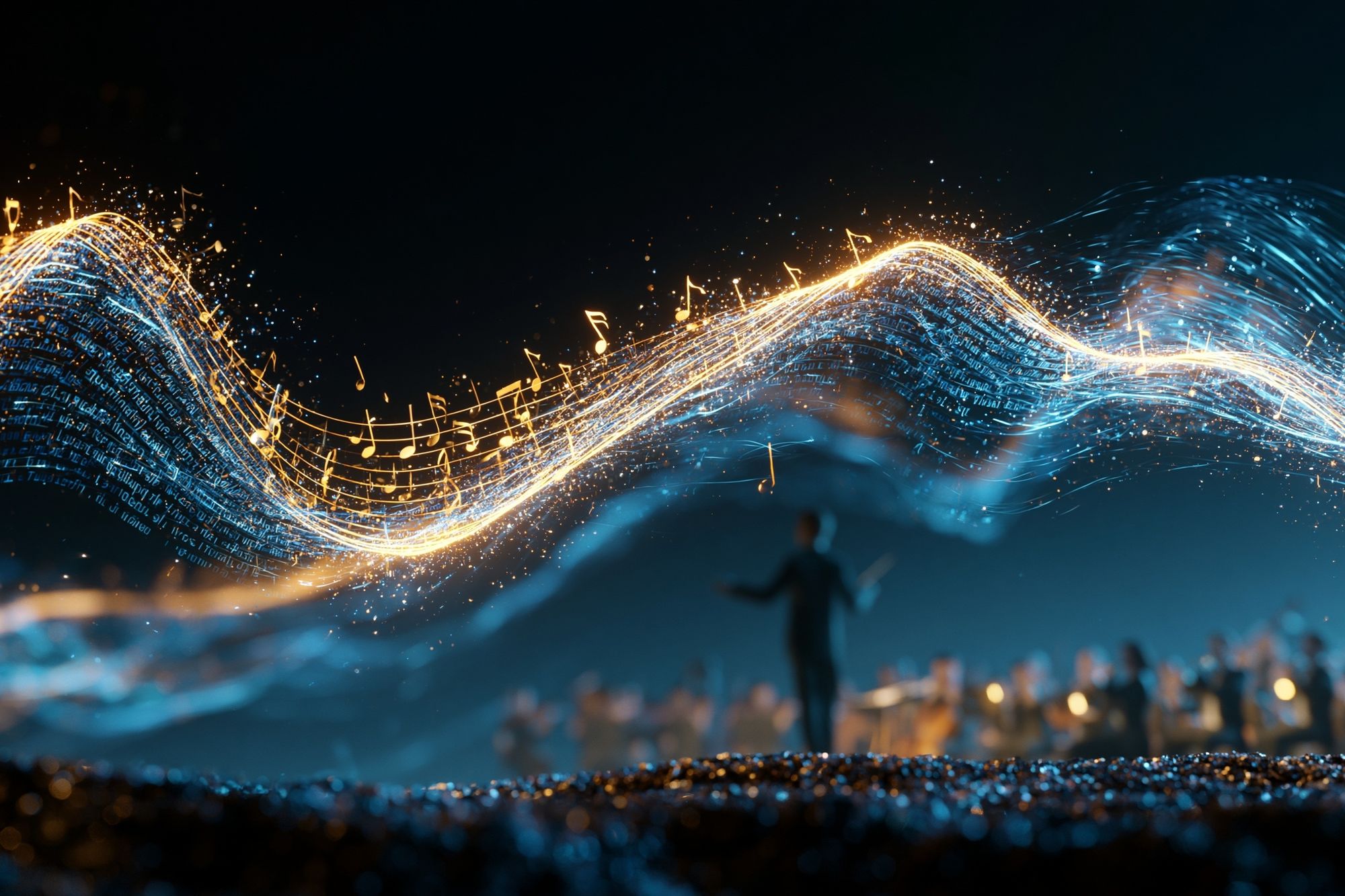 Golden Music Wave Digital Art Poster. poster detail