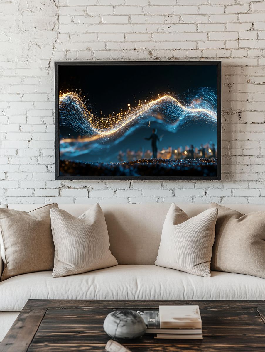 Golden Music Wave Digital Art Poster. room preview