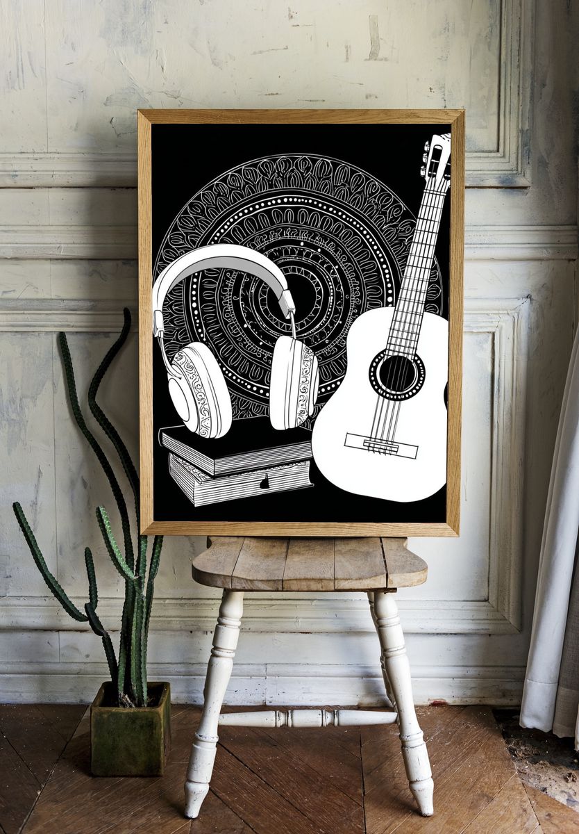 Guitar and Headphones Typography Print. — room view 1