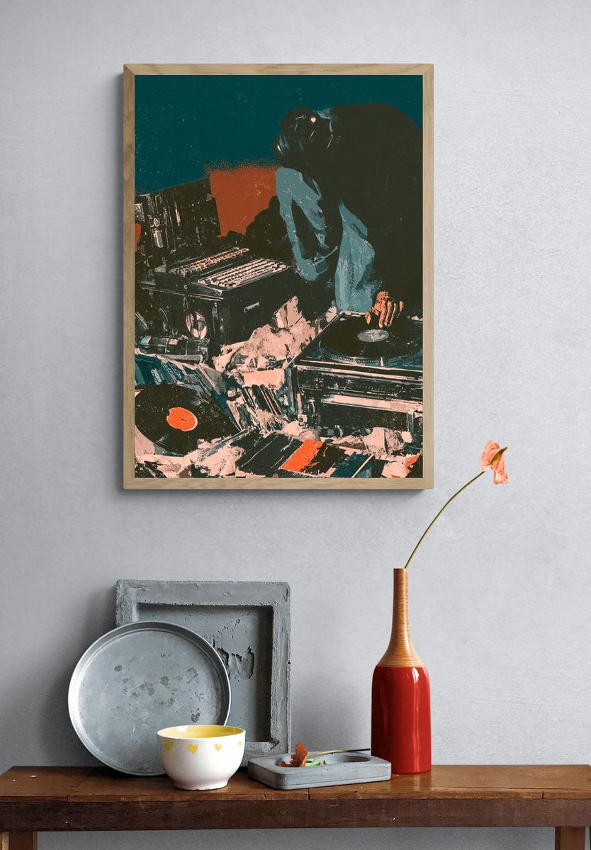 DJ Turntable Collage Poster. — room view 3