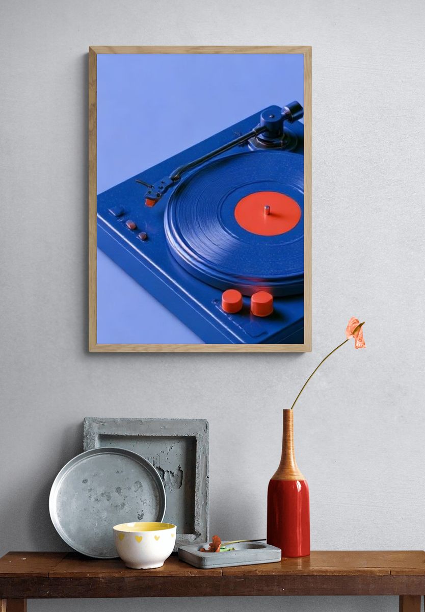Blue Turntable Still Life Poster. — room view 3