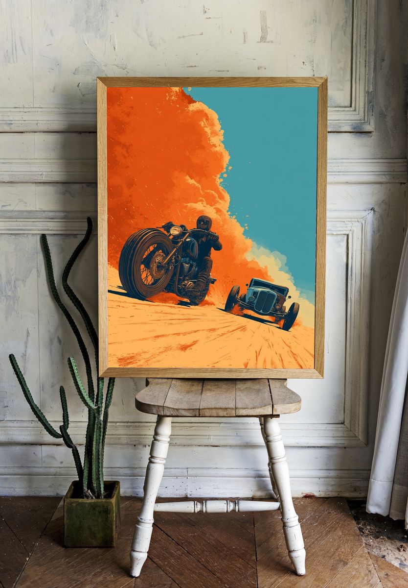 Motorcycle and Vintage Car — Retro Print. — room view 1
