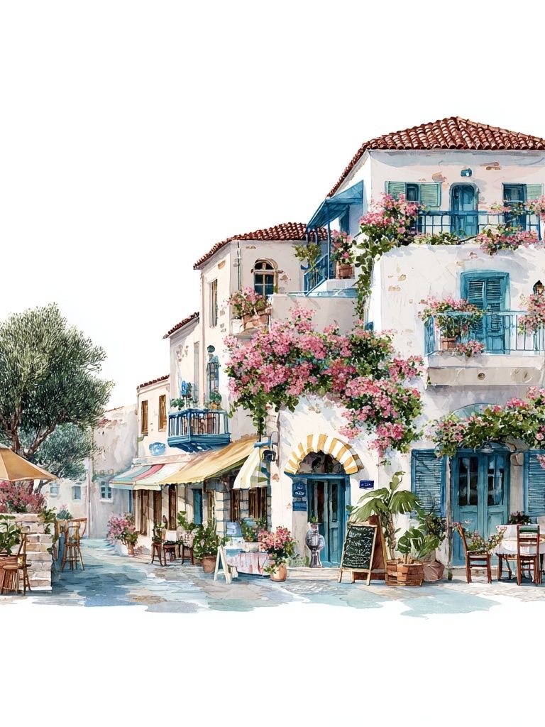 Charming Mediterranean Village — Watercolor Print. poster — illustration art