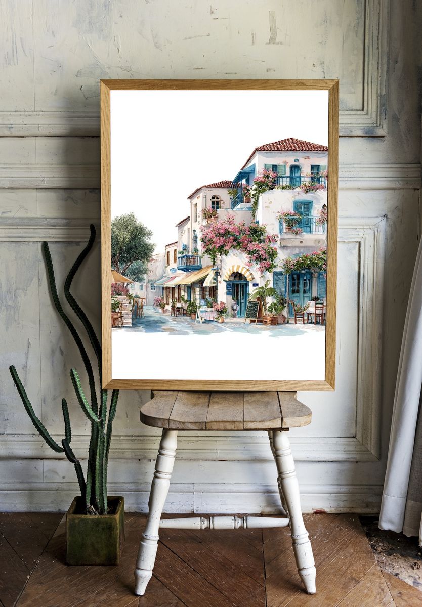 Charming Mediterranean Village — Watercolor Print. room preview