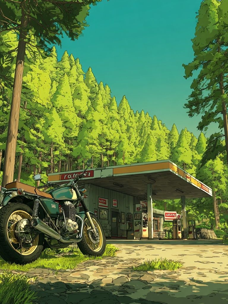 Vintage Motorcycle at Gas Station — Illustration Print. poster detail