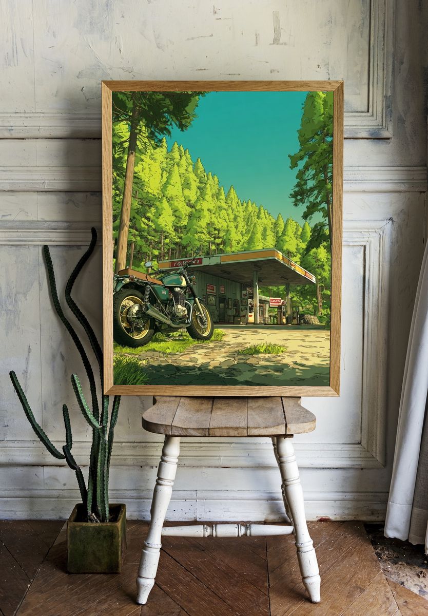 Vintage Motorcycle at Gas Station — Illustration Print. room preview