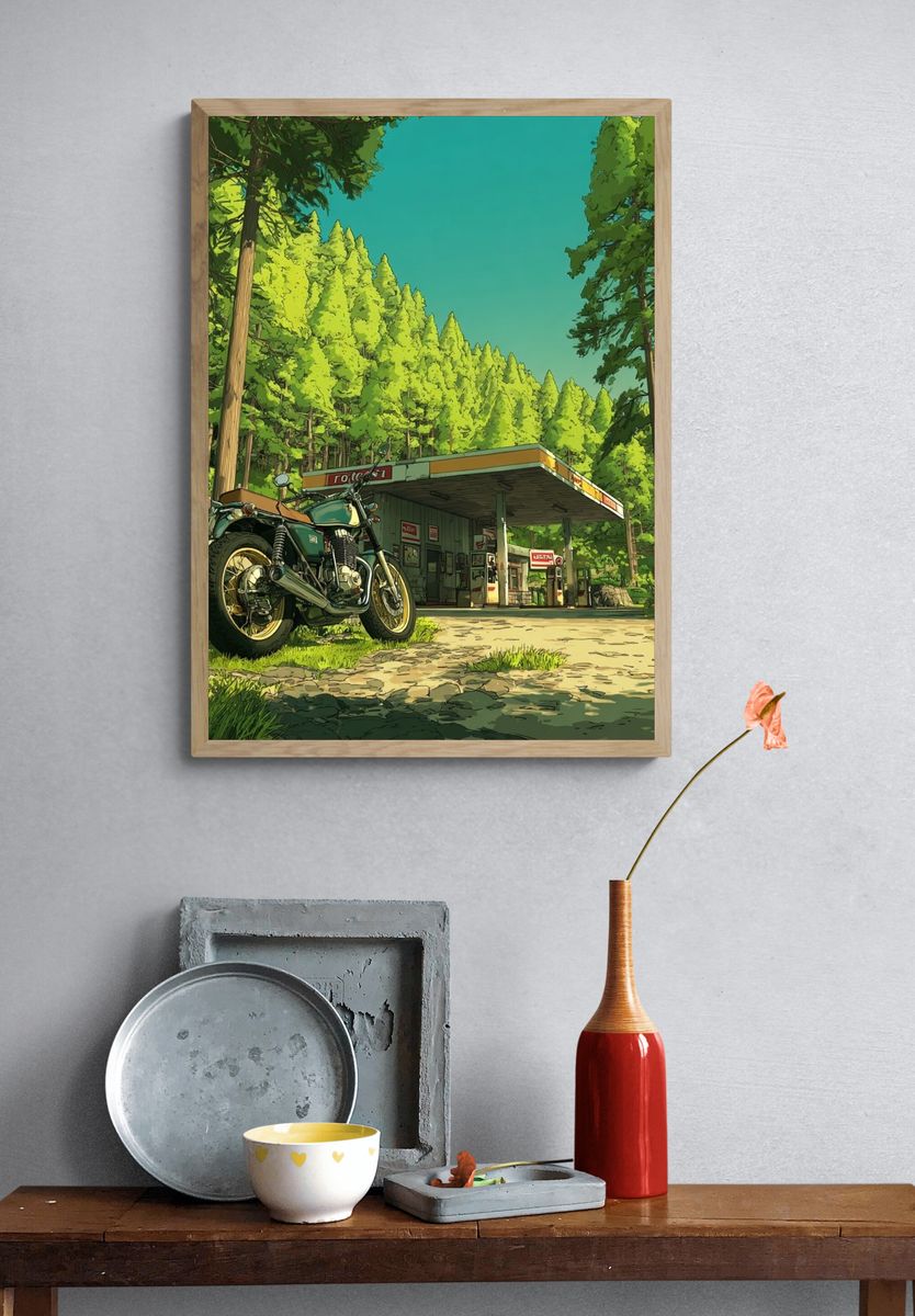 Vintage Motorcycle at Gas Station — Illustration Print. — room view 3