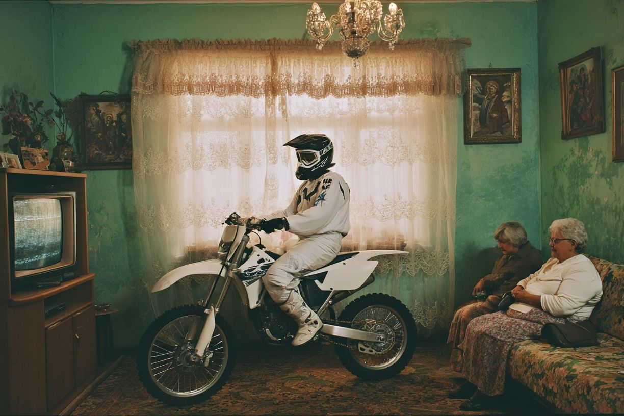 Motorcyclist in Vintage Living Room Poster. poster detail