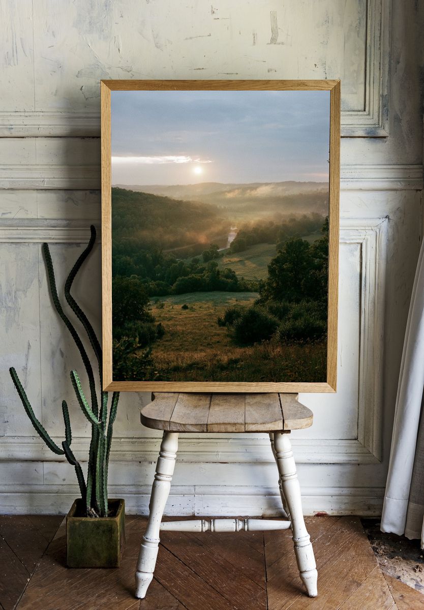 Misty Valley Sunrise Photography Poster. room preview