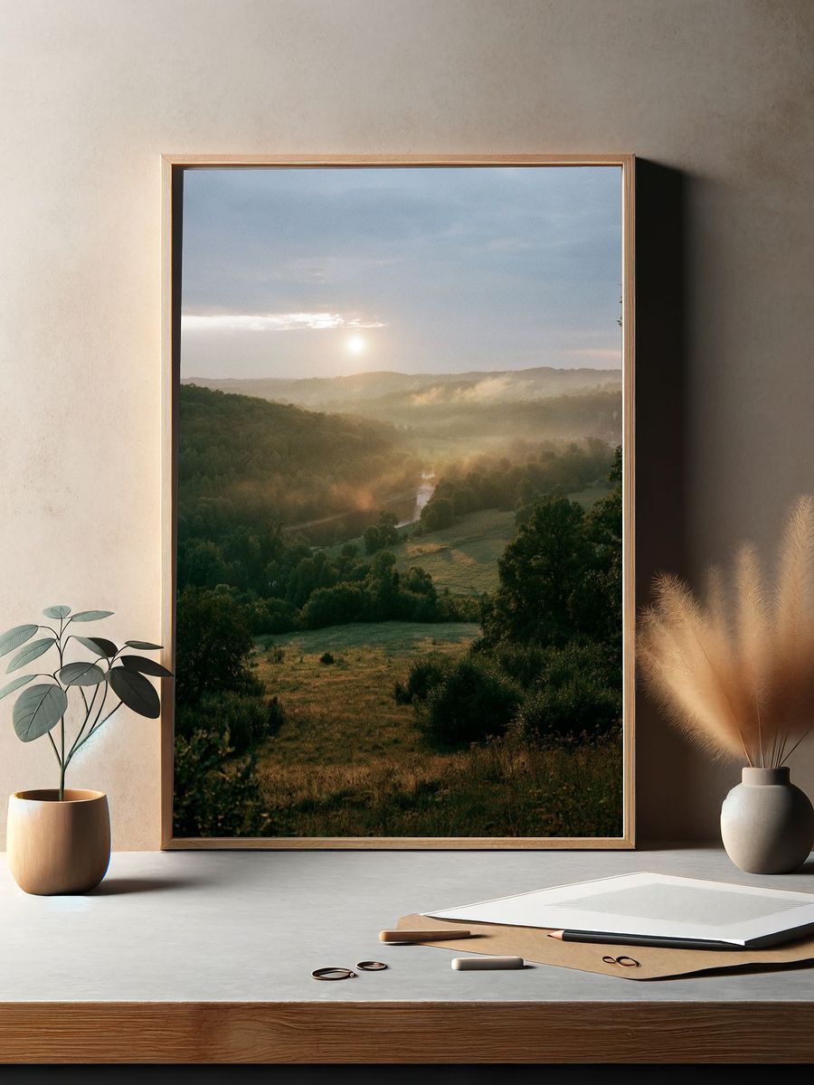 Misty Valley Sunrise Photography Poster. — room view 2