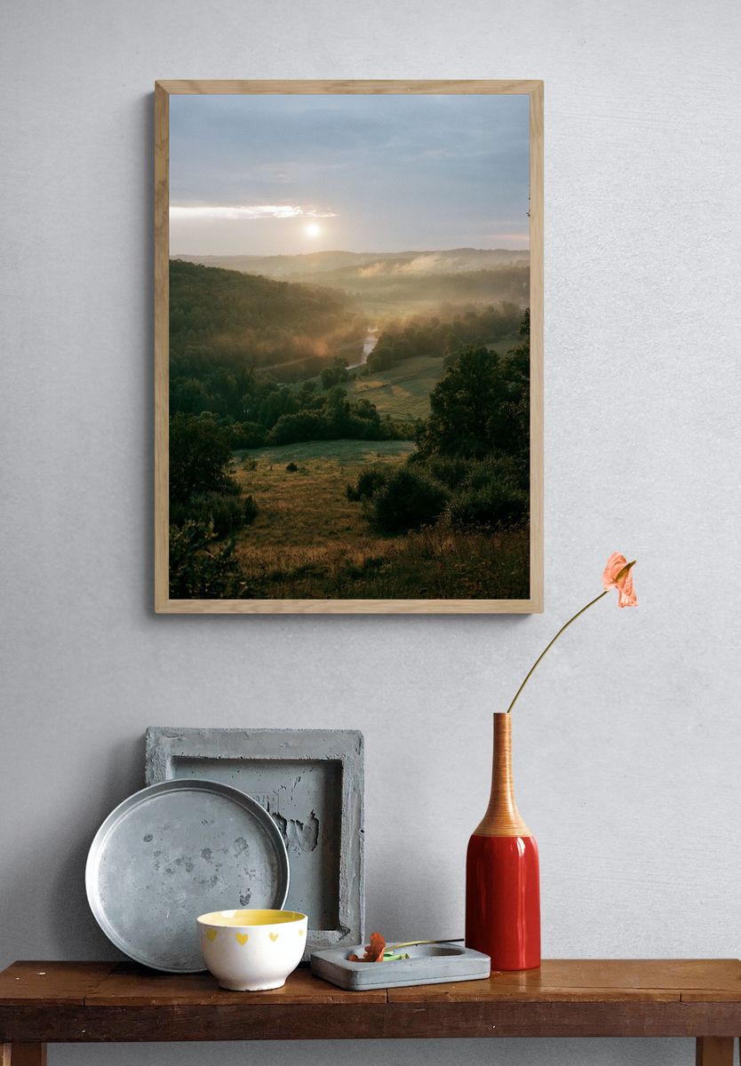 Misty Valley Sunrise Photography Poster. — room view 3