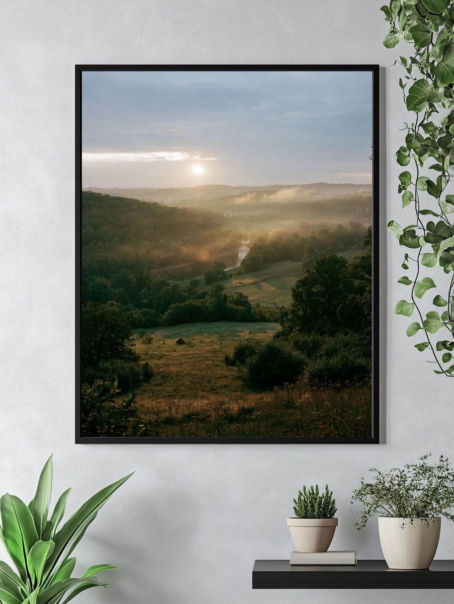 Misty Valley Sunrise Photography Poster. — room view 4