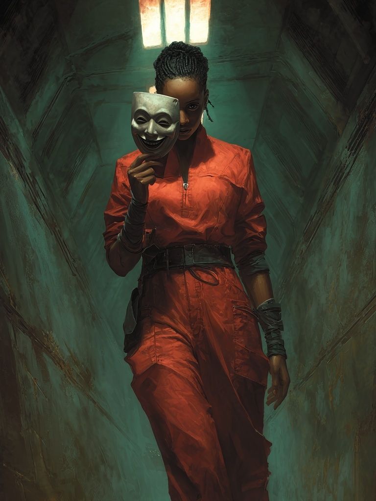 Masked Woman in Corridor Poster. poster detail