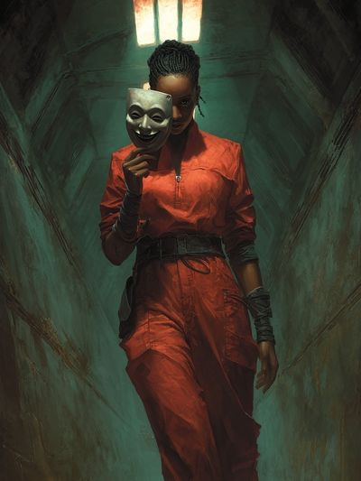 Masked Woman in Corridor Poster. poster print