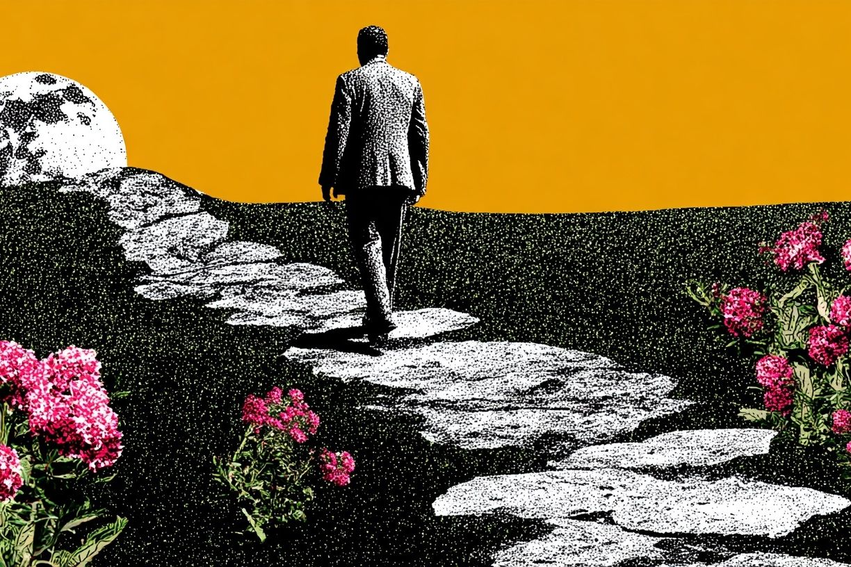 Man Walking Towards Moon — Surreal Art Print. poster — fine-art art