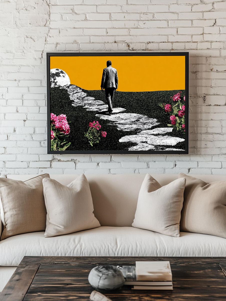 Man Walking Towards Moon — Surreal Art Print room preview