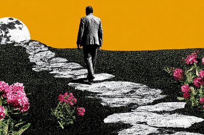 Man Walking Towards Moon — Surreal Art Print. poster