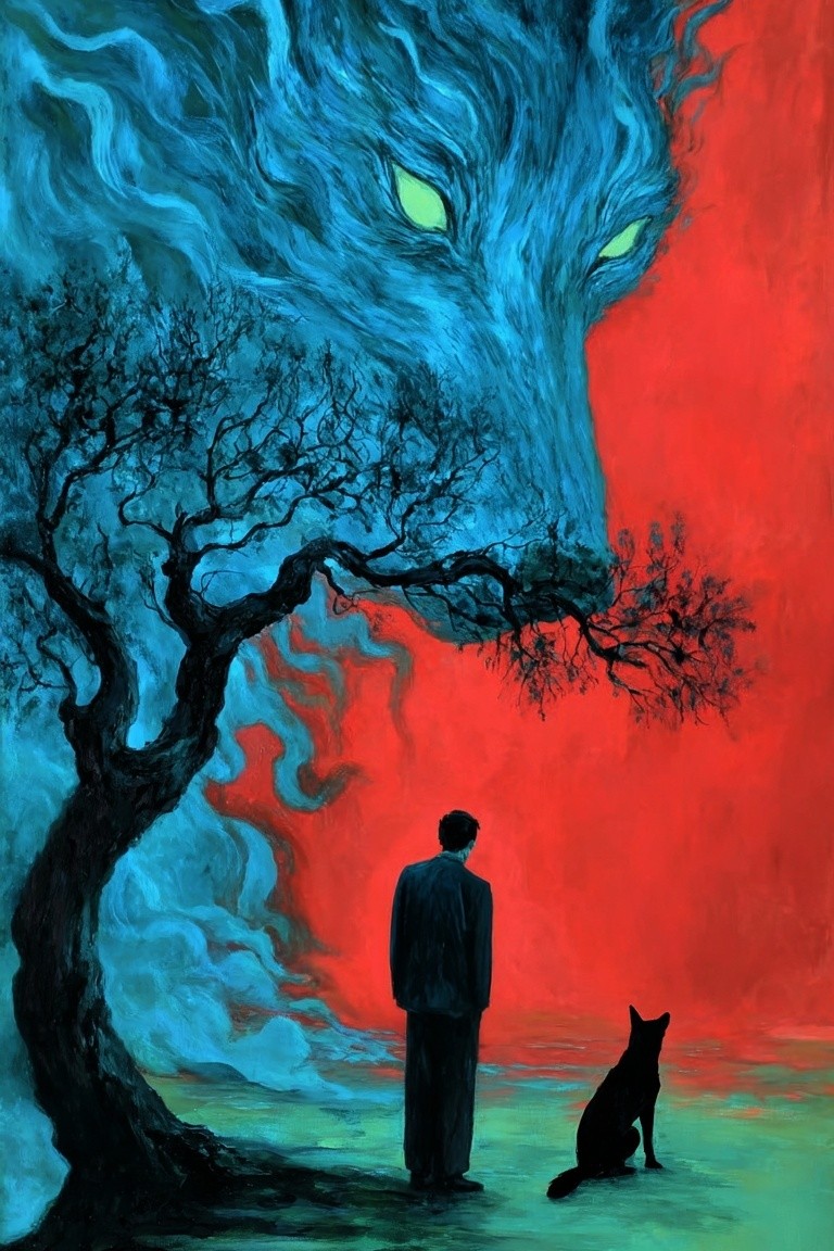 Mysterious Wolf & Man — Dark Surreal Wall Art Print. poster — fine-art art