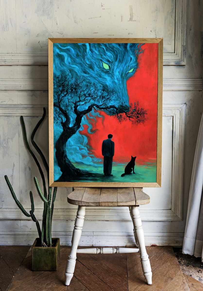 Mysterious Wolf and Man — Surrealism Print room preview