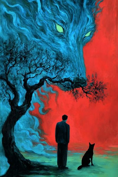 Mysterious Wolf & Man — Dark Surreal Wall Art Print. poster print