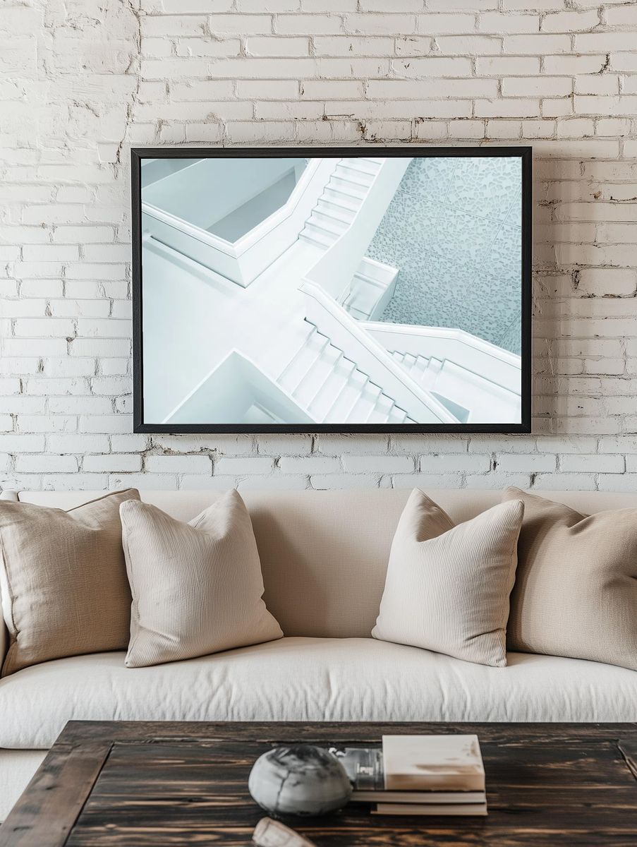 Modern White Staircase — Minimalist Print. room preview