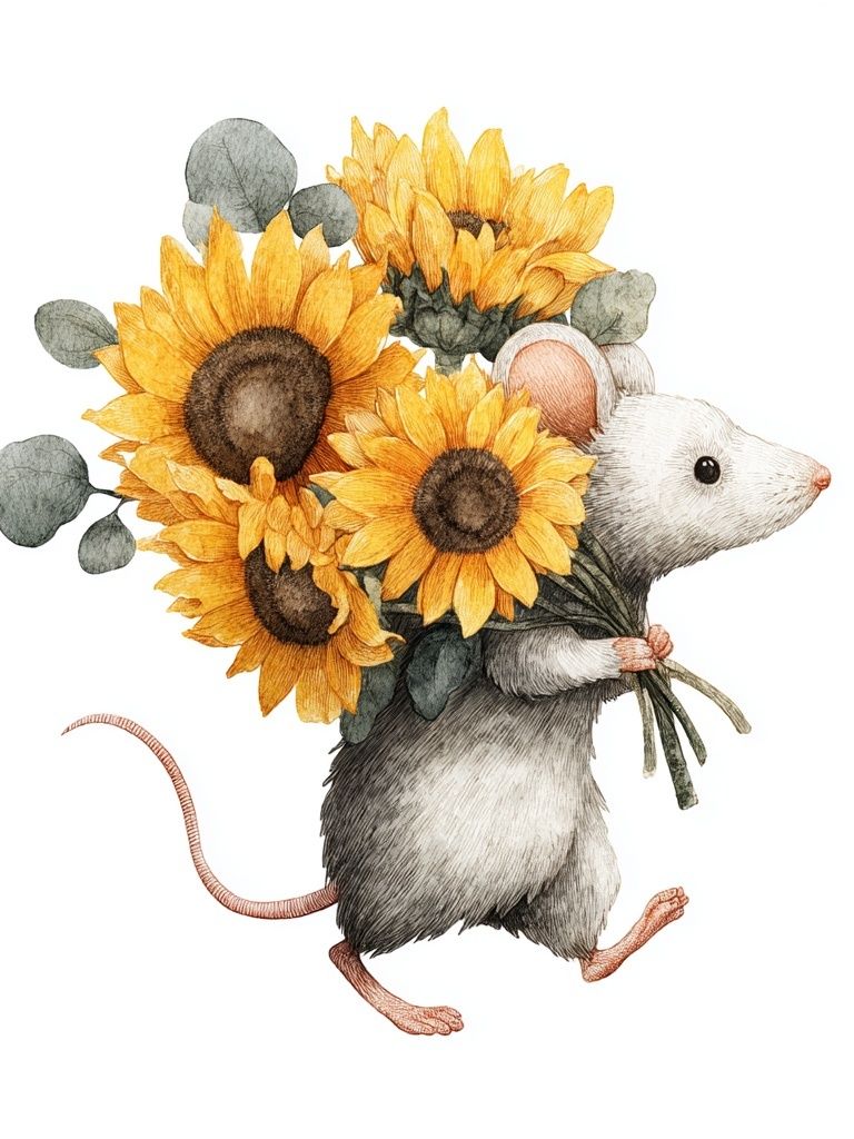 Mouse with Sunflowers — Illustration Print. poster — illustration art