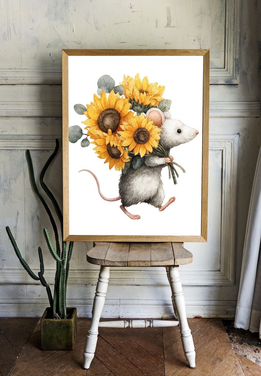 Mouse with Sunflowers — Illustration Print. room preview