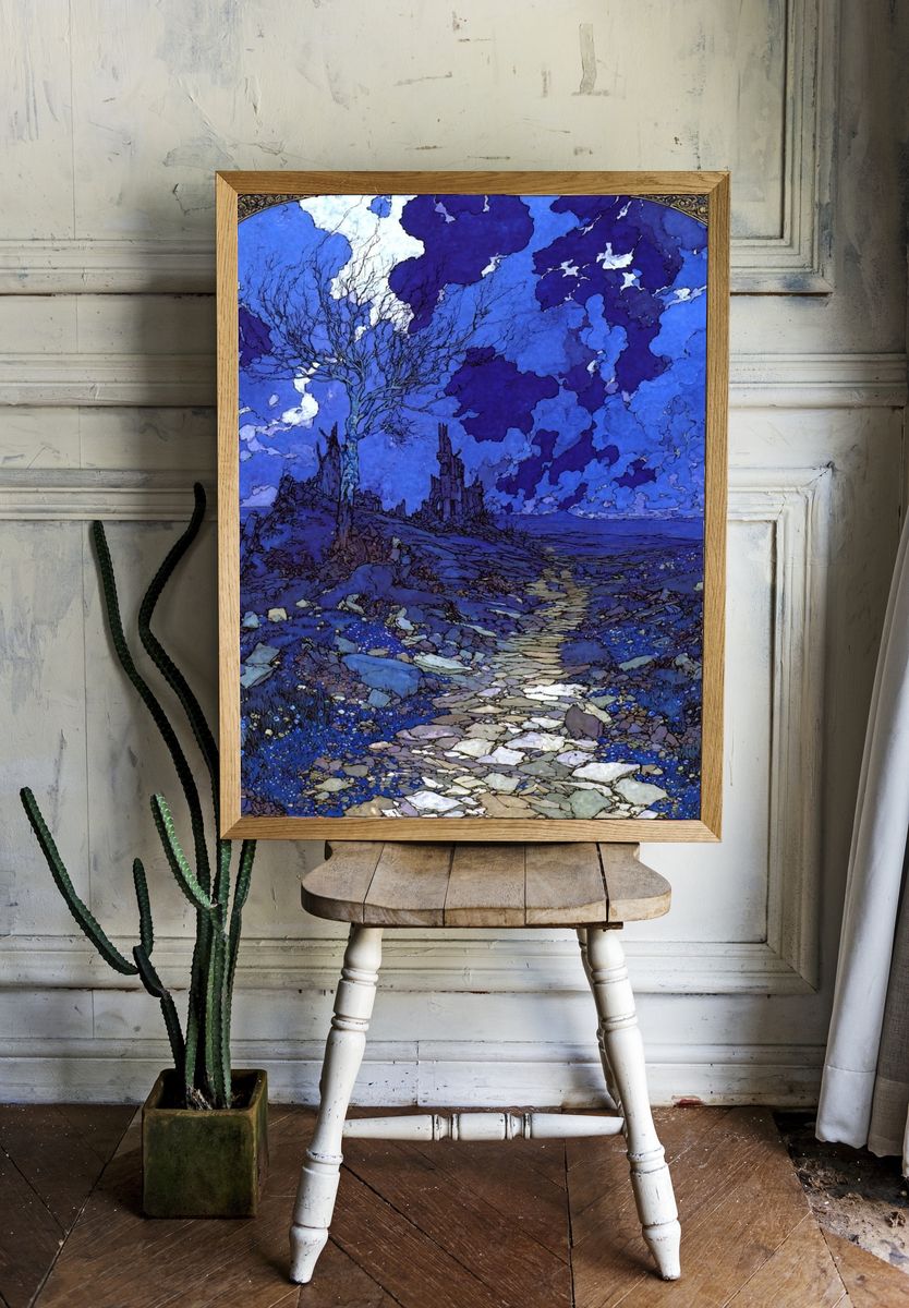 Mystical Ruins Under Blue Sky Poster. — room view 1