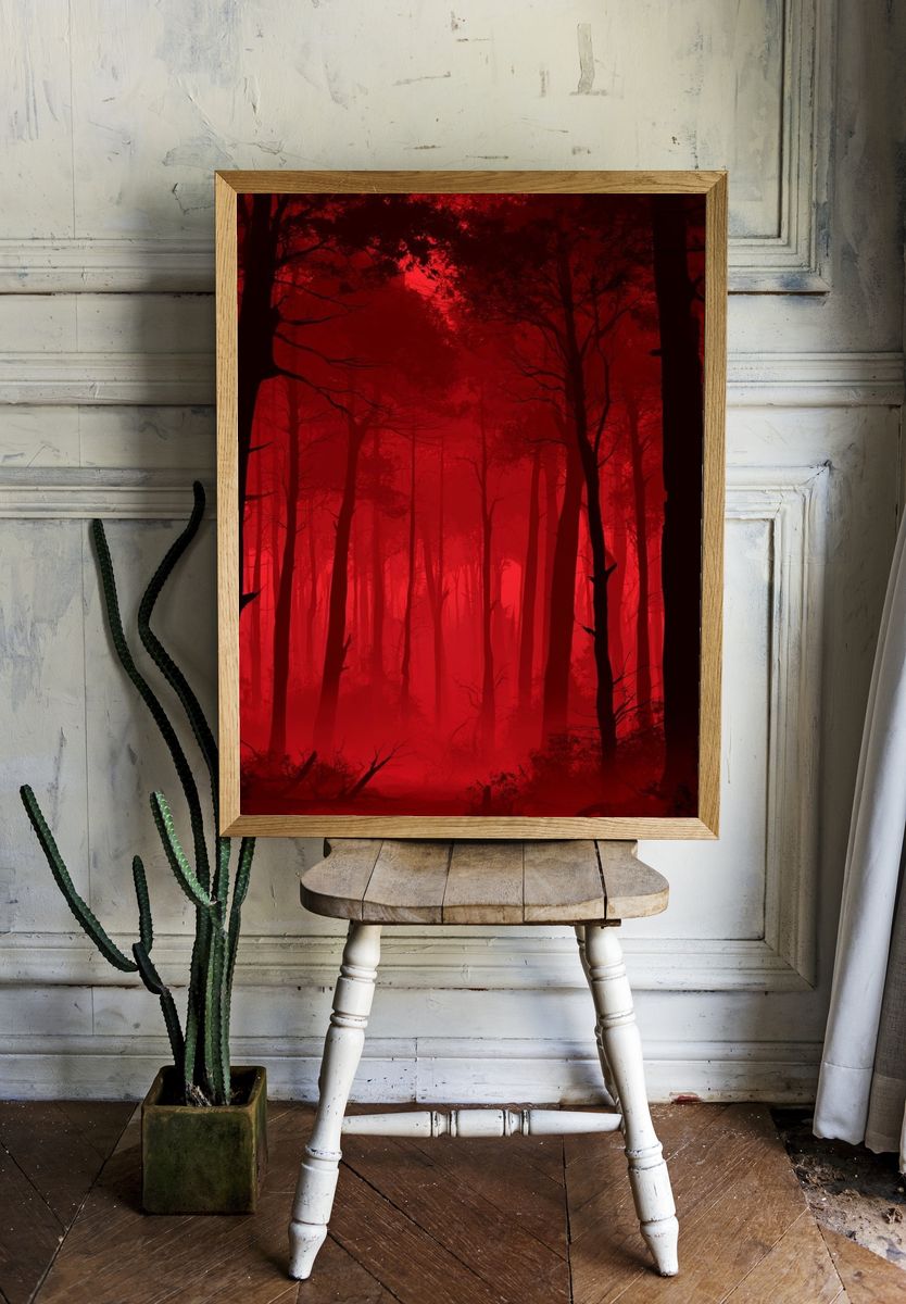 Crimson Mist Forest Photography Poster. — room view 1