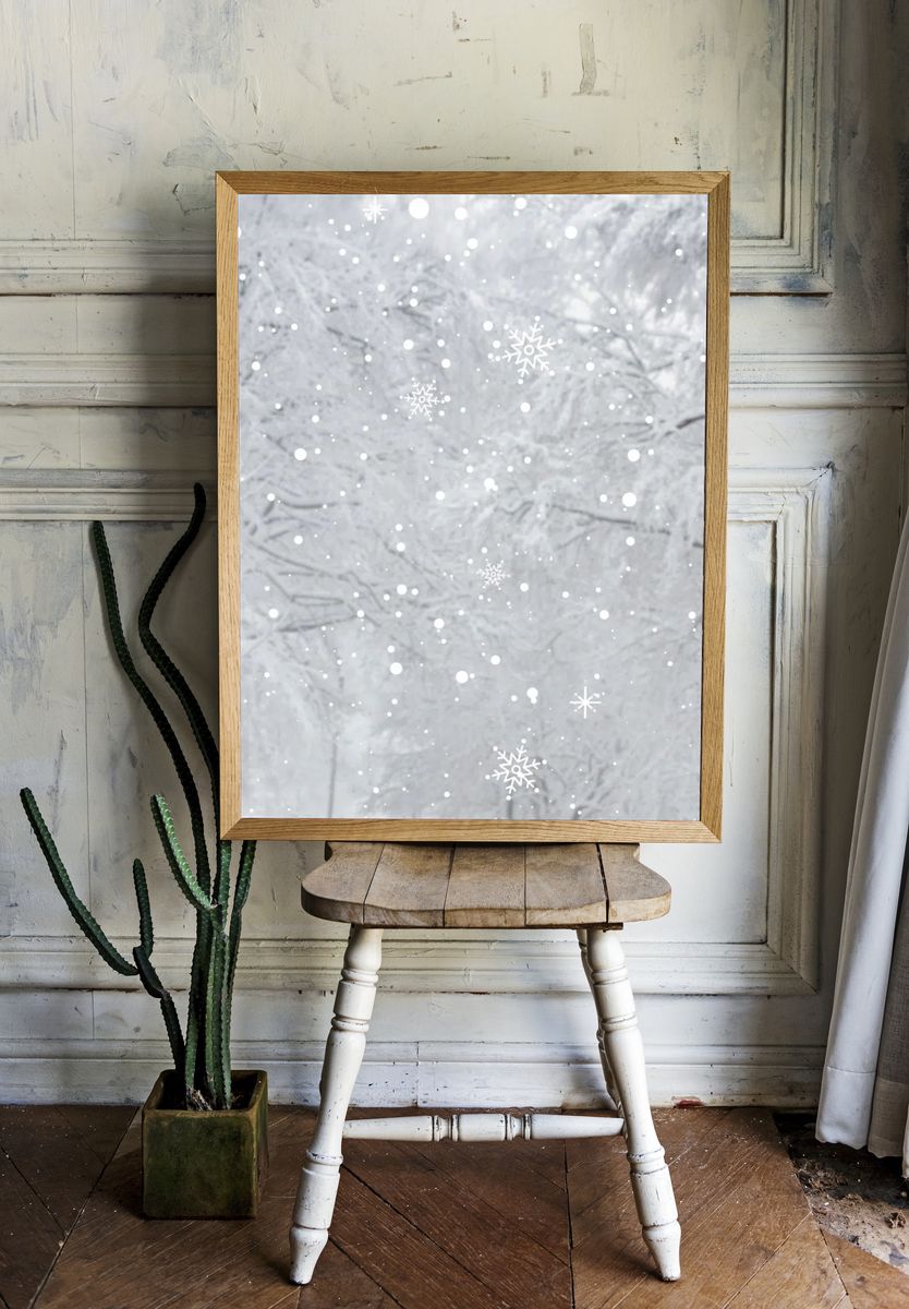 White snowy pine branch background. room preview
