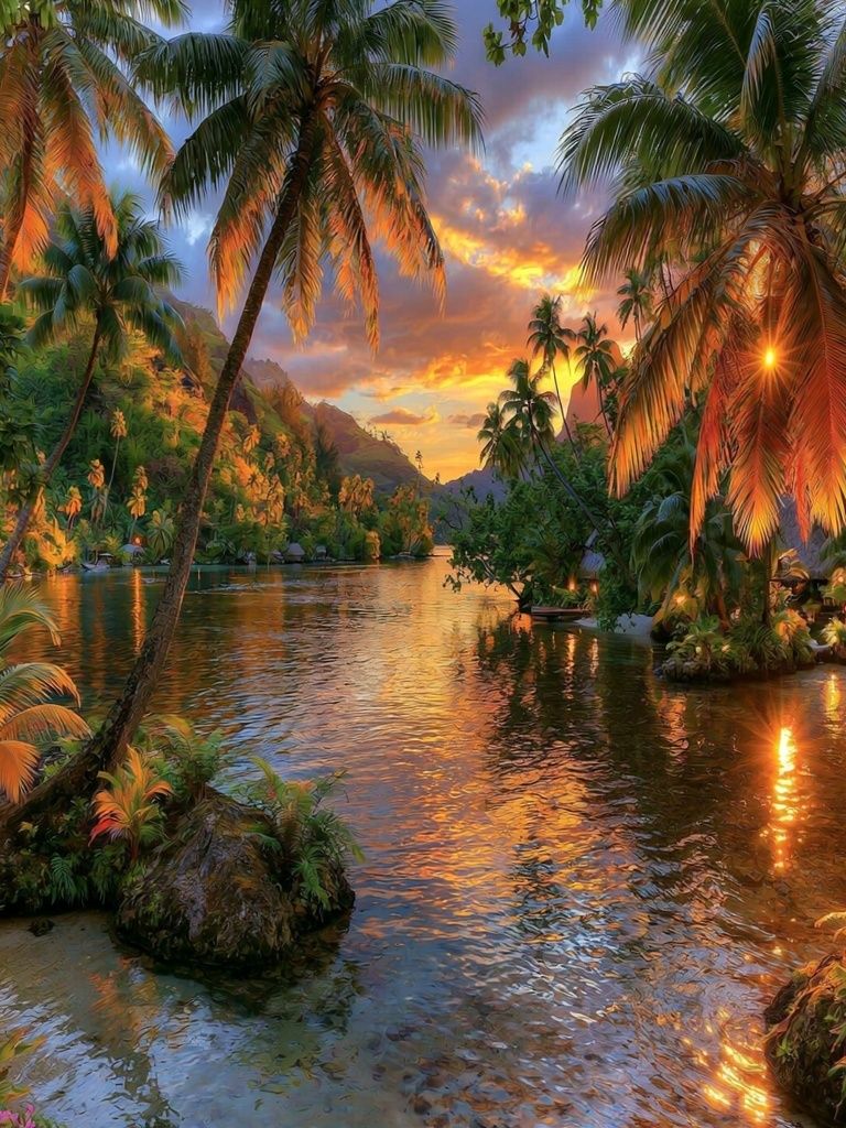 Tropical Lagoon Sunset Poster. poster detail