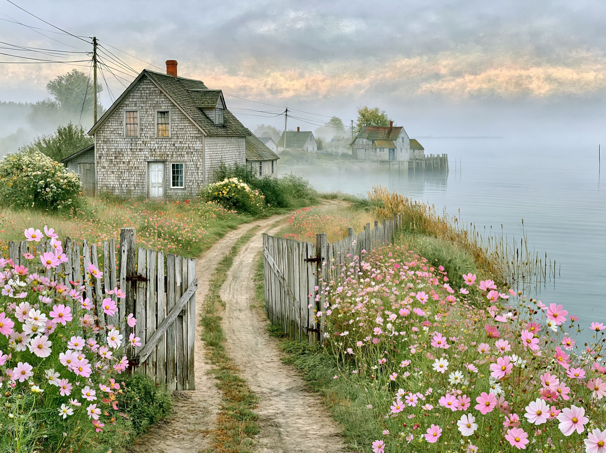 Misty Coastal Cottage Landscape Poster. poster detail