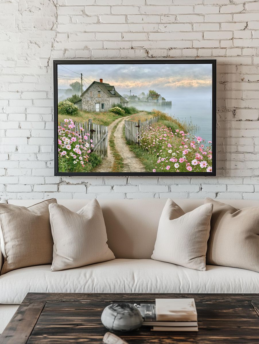 Misty Coastal Cottage Landscape Poster. — room view 1