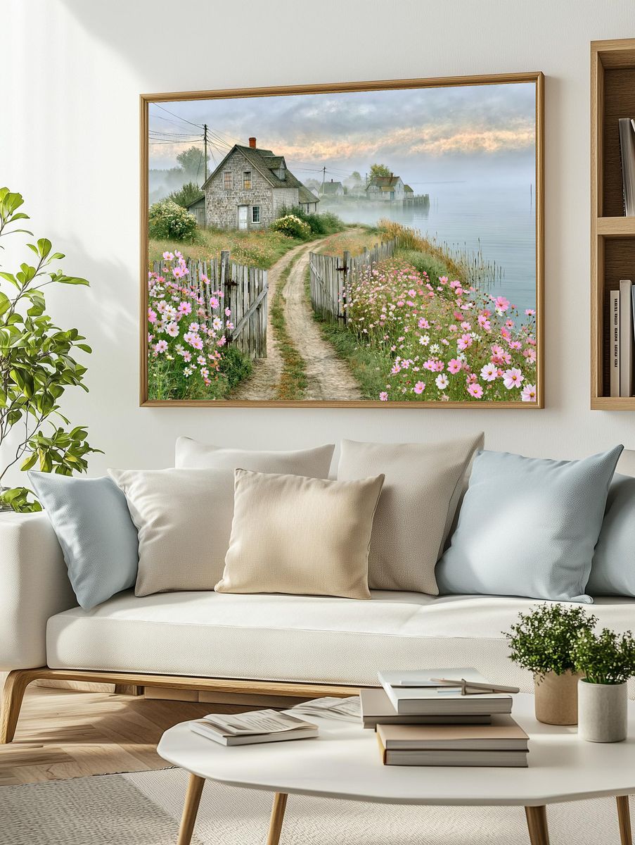 Misty Coastal Cottage Landscape Poster. — room view 2