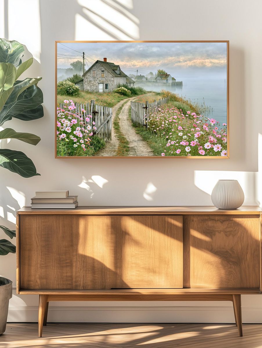 Misty Coastal Cottage Landscape Poster. — room view 3