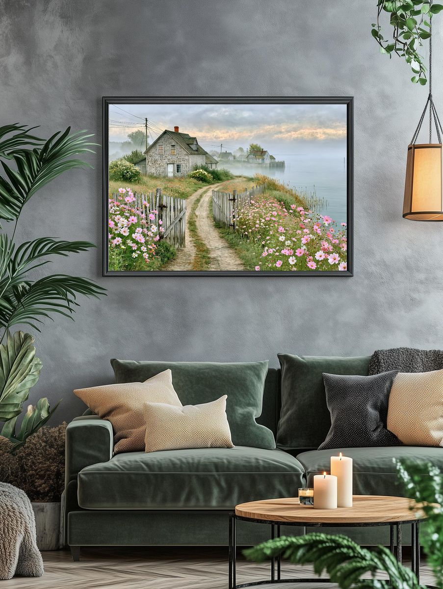 Misty Coastal Cottage Landscape Poster. — room view 4