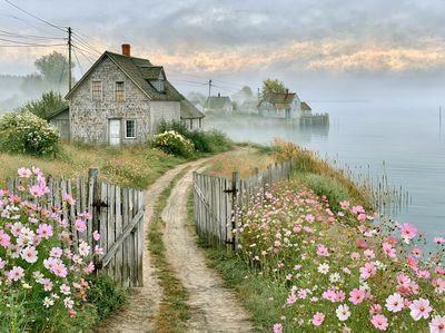 Misty Coastal Cottage Landscape Poster. poster