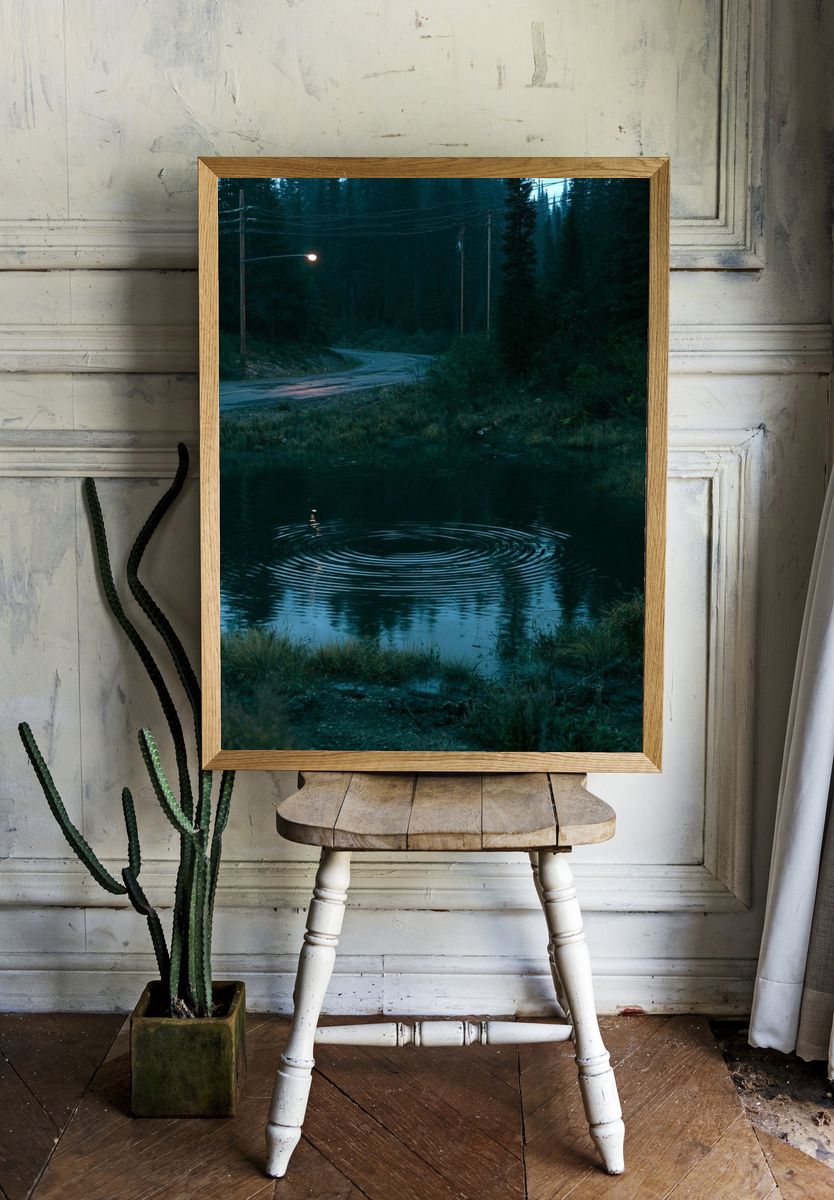 Misty Forest Road at Dusk Poster. — room view 1