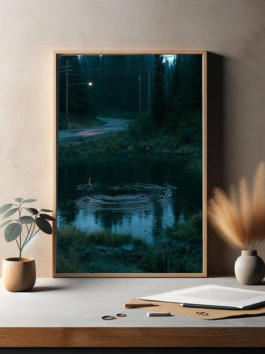 Misty Forest Road at Dusk Poster. — room view 2