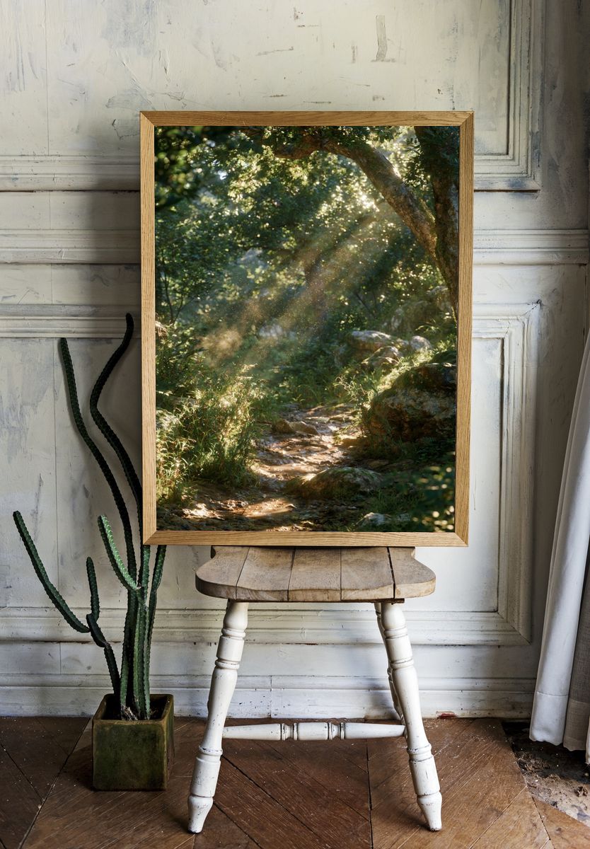 Sunlit Forest Path Poster. — room view 1