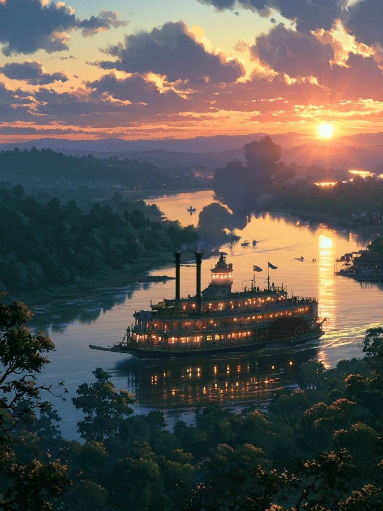 Sunset River Steamboat Print. poster — nature art