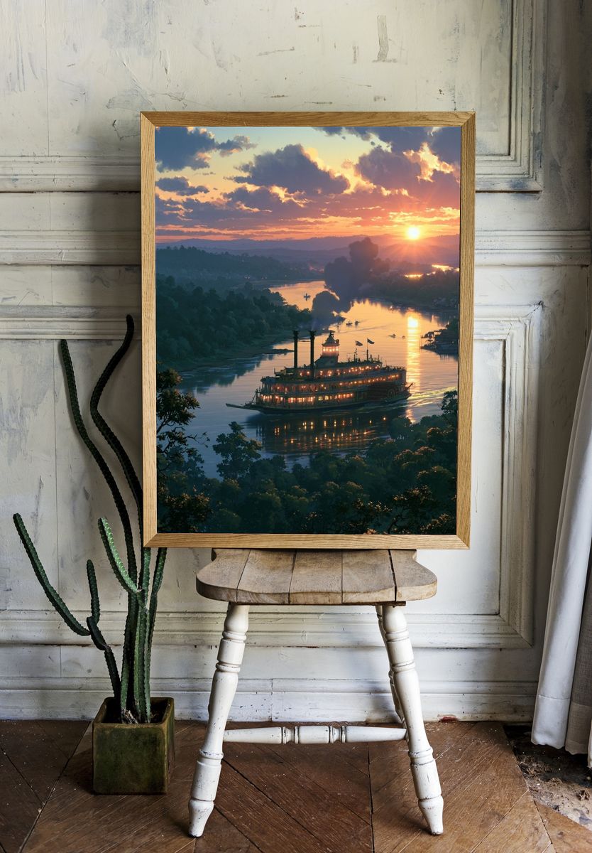 Sunset River Steamboat Print. — room view 1