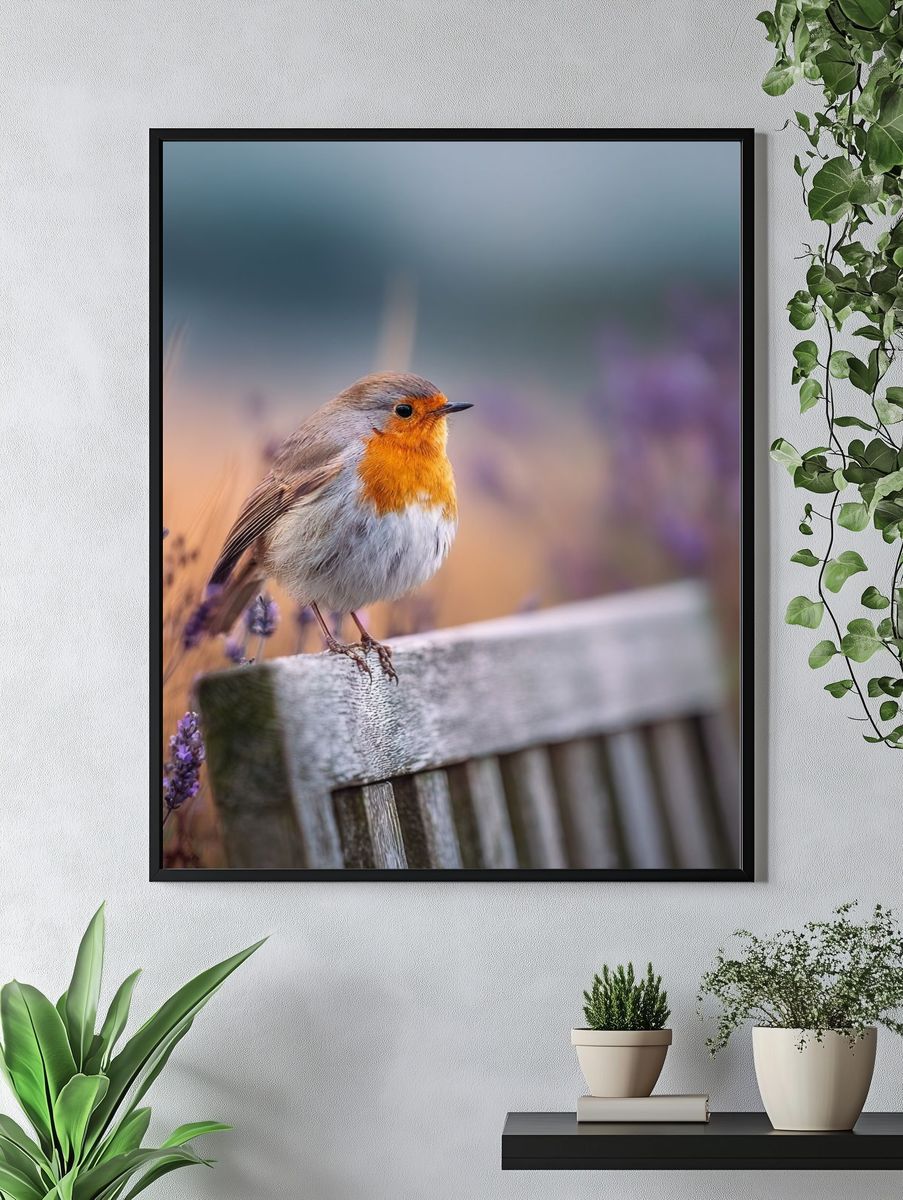 Robin Bird on Lavender — Photography Print. — room view 4