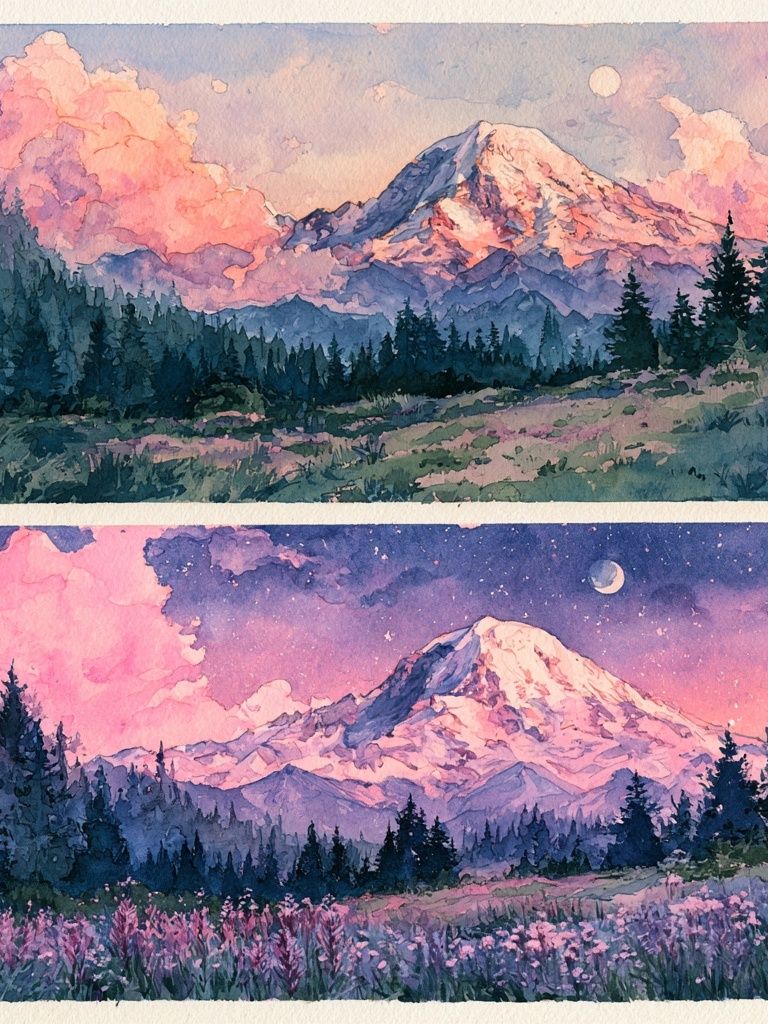 Moonlit Mountain Watercolor Poster. poster detail