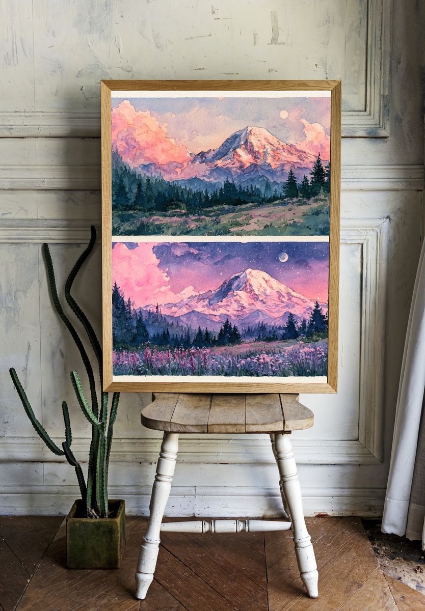 Moonlit Mountain Watercolor Poster. — room view 1