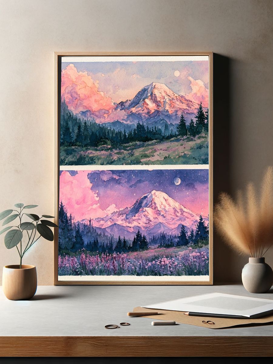 Moonlit Mountain Watercolor Poster. — room view 2