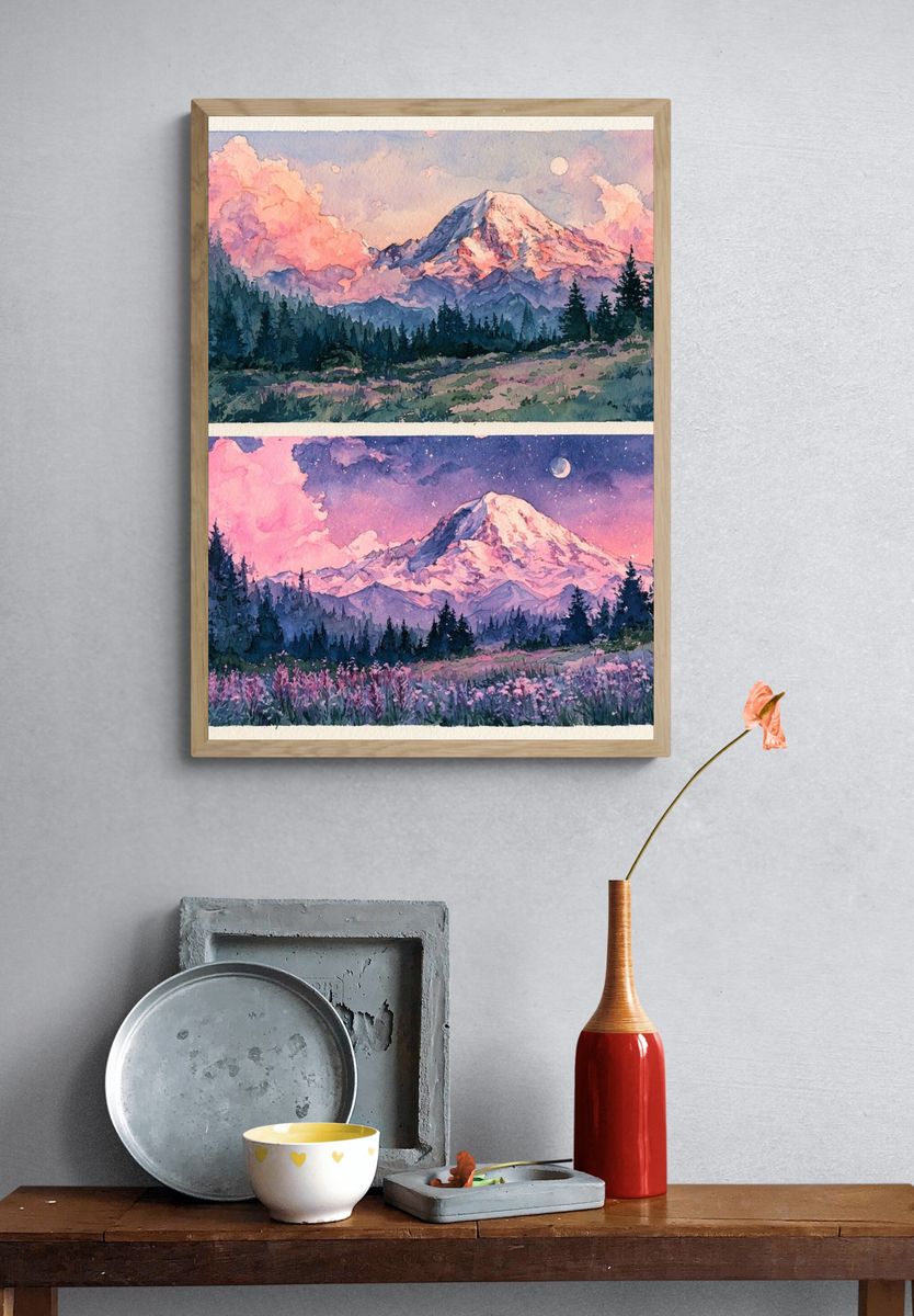 Moonlit Mountain Watercolor Poster. — room view 3