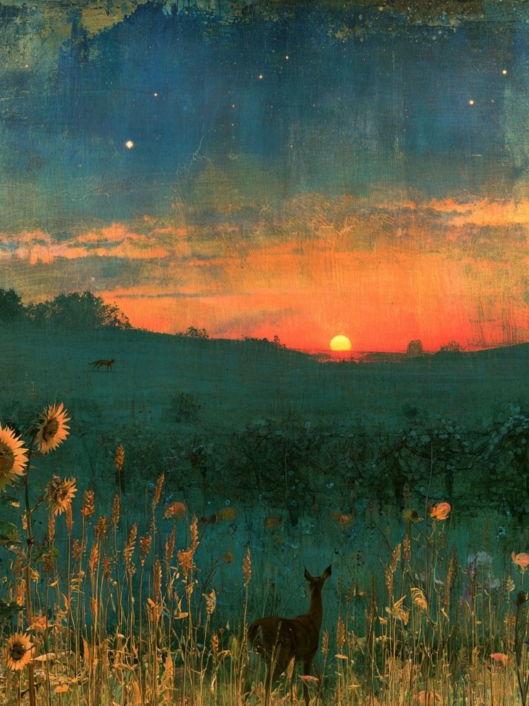 Sunset Meadow Deer Print. poster — nature art