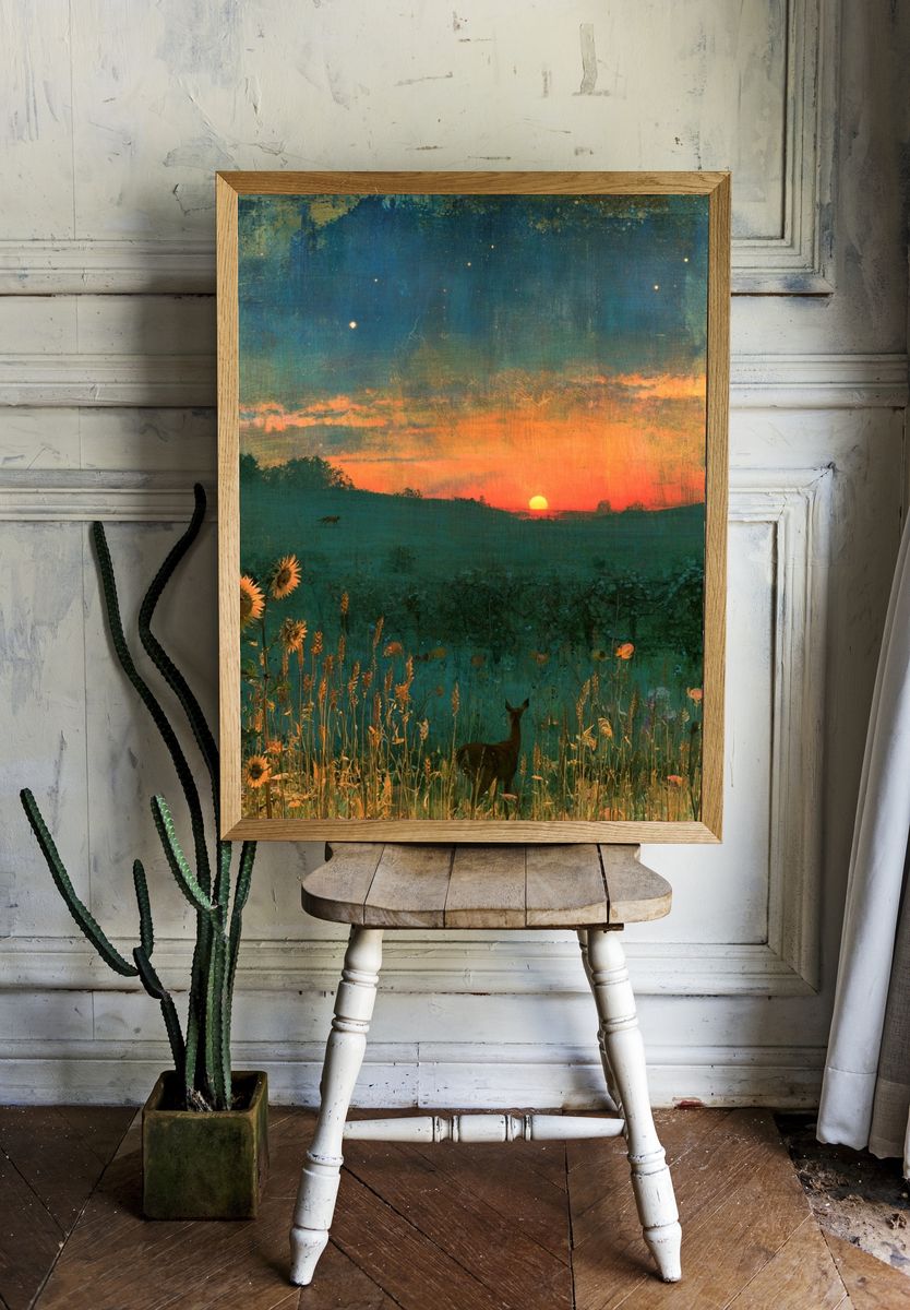 Sunset Meadow Deer Print. — room view 1